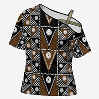 Fiji Brown Masi Pattern Cross Shoulder Shirt Fijian Tapa LT01 Female Brown - Polynesian Pride