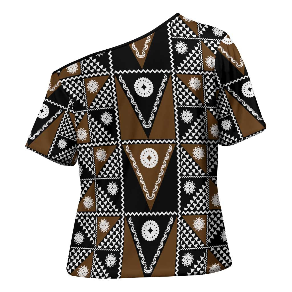 Fiji Brown Masi Pattern Cross Shoulder Shirt Fijian Tapa LT01 - Polynesian Pride