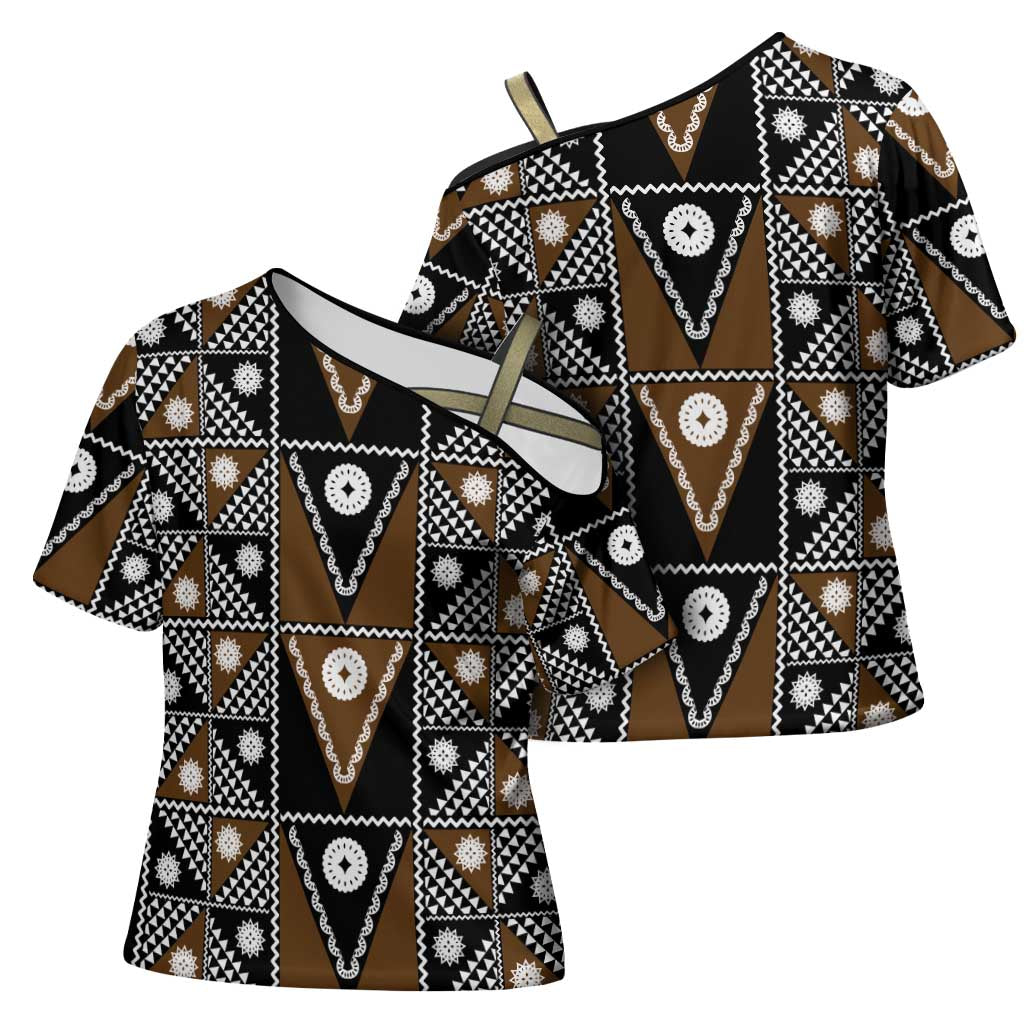 Fiji Brown Masi Pattern Cross Shoulder Shirt Fijian Tapa LT01 - Polynesian Pride