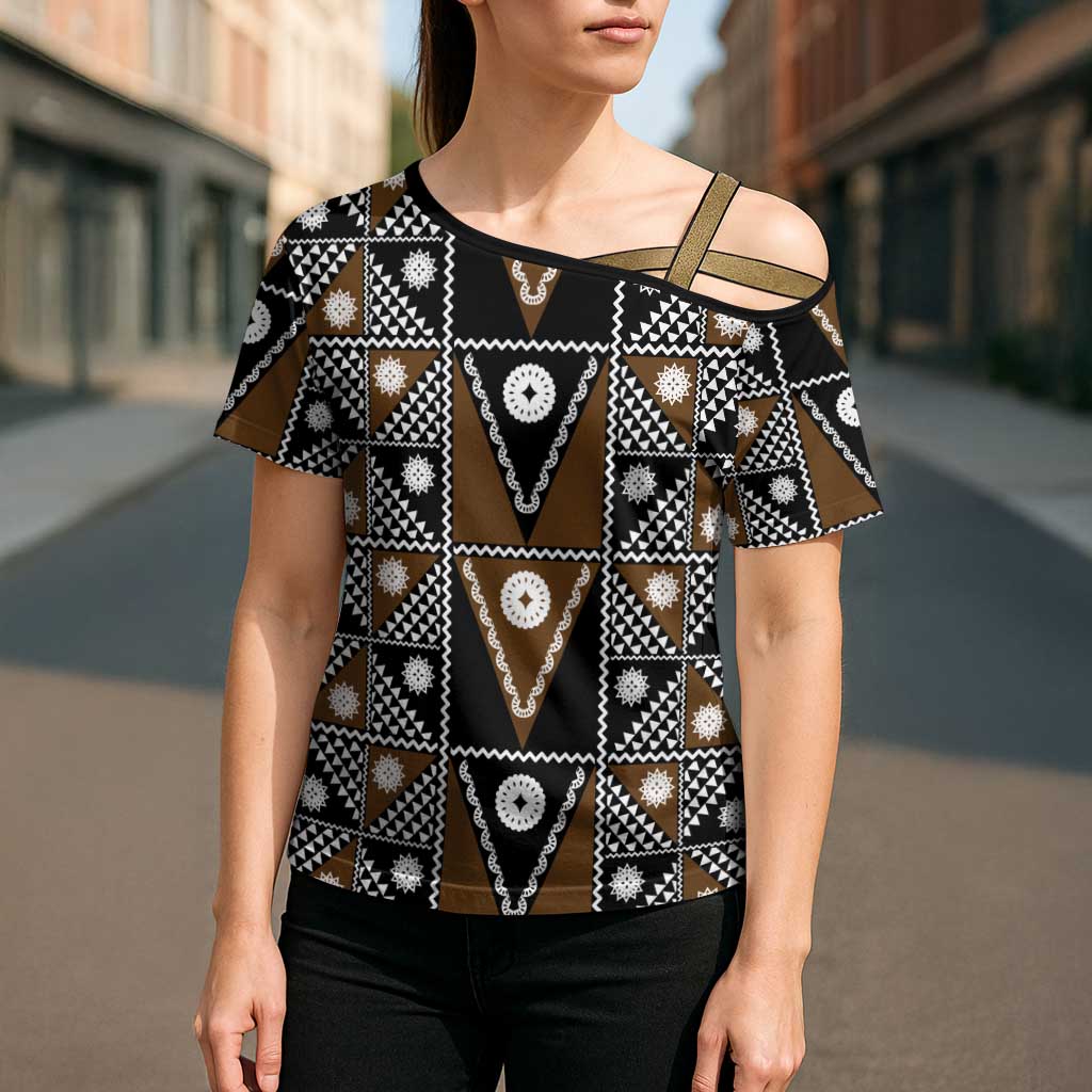 Fiji Brown Masi Pattern Cross Shoulder Shirt Fijian Tapa LT01 - Polynesian Pride