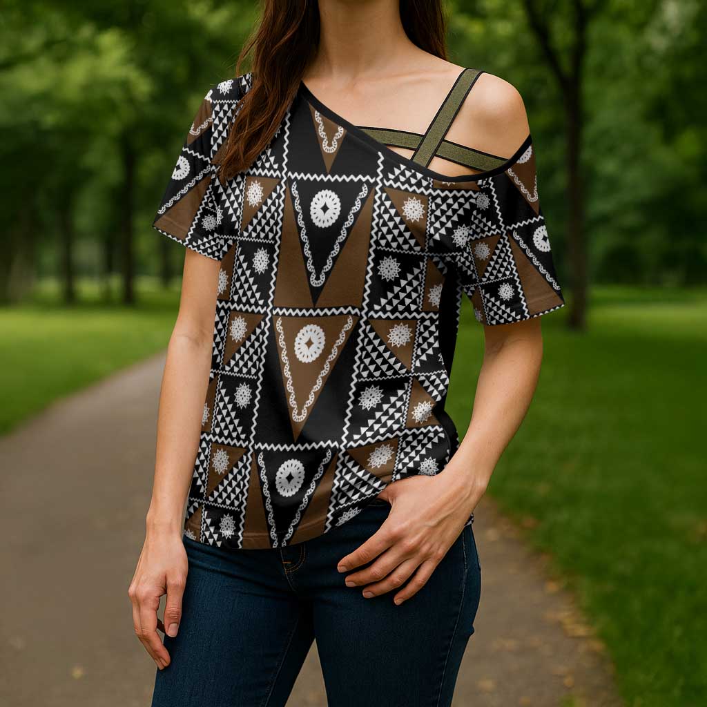 Fiji Brown Masi Pattern Cross Shoulder Shirt Fijian Tapa LT01 - Polynesian Pride