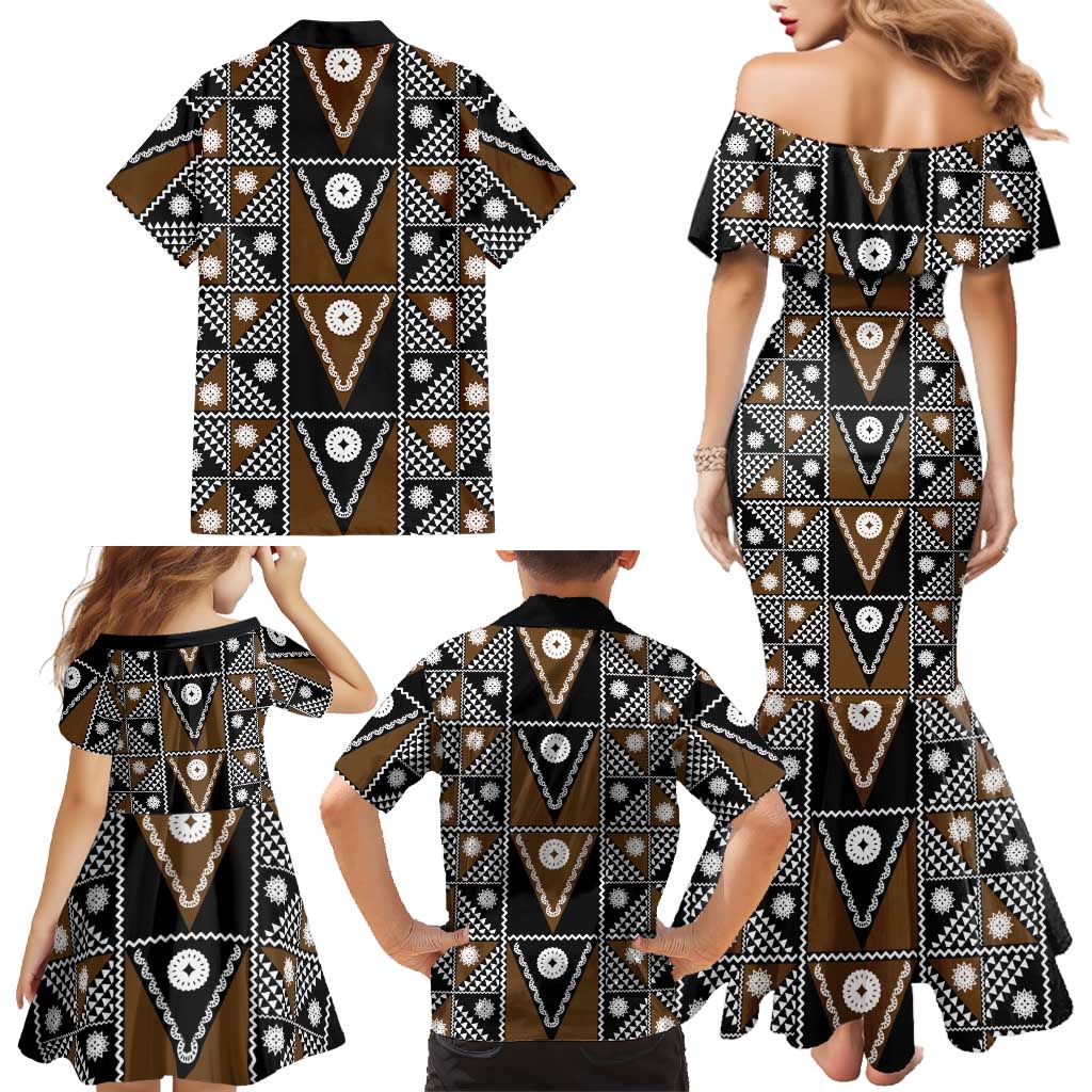 Fiji Brown Masi Pattern Family Matching Mermaid Dress and Hawaiian Shirt Fijian Tapa LT01 - Polynesian Pride