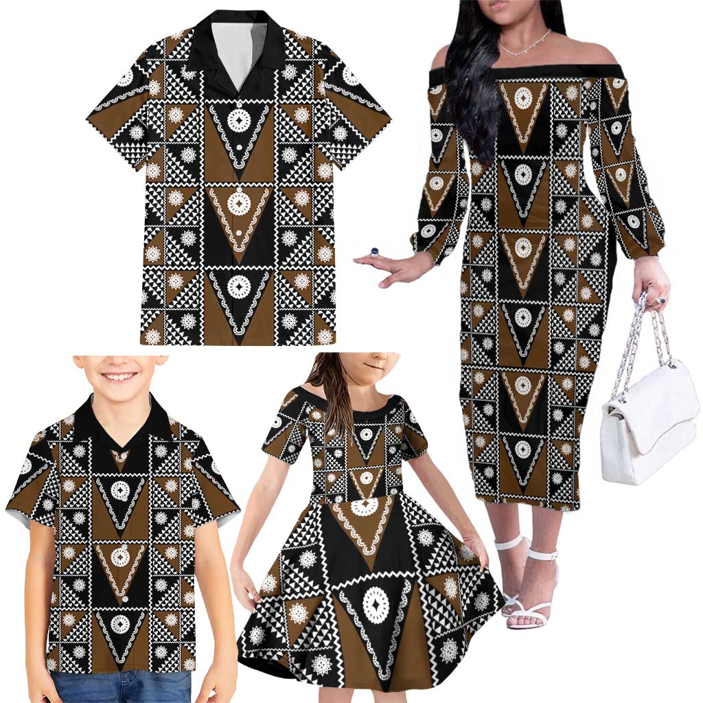Fiji Brown Masi Pattern Family Matching Off The Shoulder Long Sleeve Dress and Hawaiian Shirt Fijian Tapa