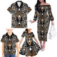 Fiji Brown Masi Pattern Family Matching Off The Shoulder Long Sleeve Dress and Hawaiian Shirt Fijian Tapa LT01 - Polynesian Pride