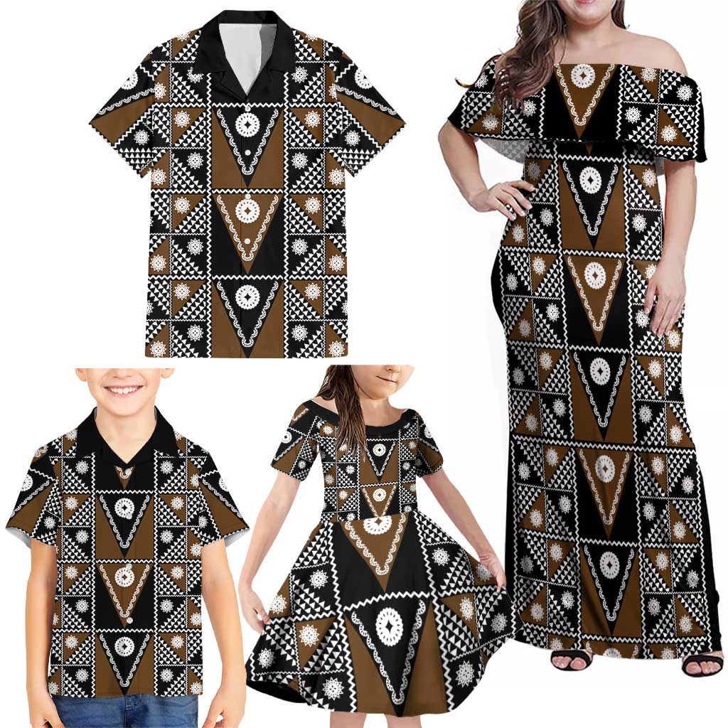 Fiji Brown Masi Pattern Family Matching Off Shoulder Maxi Dress and Hawaiian Shirt Fijian Tapa LT01 - Polynesian Pride