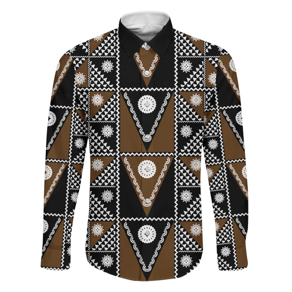Fiji Brown Masi Pattern Family Matching Off Shoulder Maxi Dress and Hawaiian Shirt Fijian Tapa LT01 Dad's Shirt - Long Sleeve Brown - Polynesian Pride