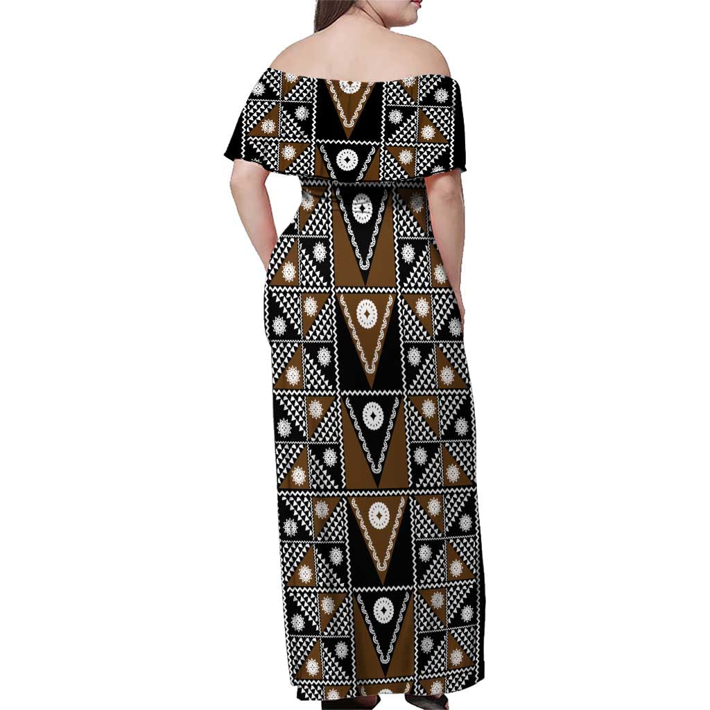 Fiji Brown Masi Pattern Family Matching Off Shoulder Maxi Dress and Hawaiian Shirt Fijian Tapa LT01 - Polynesian Pride