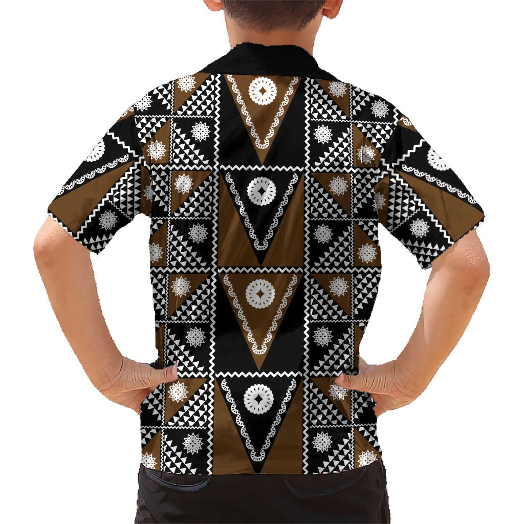 Fiji Brown Masi Pattern Family Matching Off Shoulder Short Dress and Hawaiian Shirt Fijian Tapa LT01 - Polynesian Pride