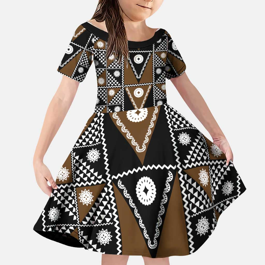 Fiji Brown Masi Pattern Family Matching Off Shoulder Short Dress and Hawaiian Shirt Fijian Tapa LT01 Daughter's Dress Brown - Polynesian Pride