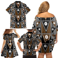 Fiji Brown Masi Pattern Family Matching Off Shoulder Short Dress and Hawaiian Shirt Fijian Tapa LT01 - Polynesian Pride
