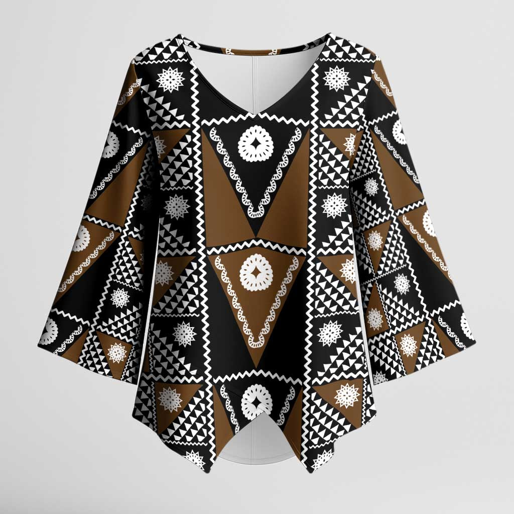 Fiji Brown Masi Pattern Kimono Sleeve Blouse Fijian Tapa LT01 Female Brown - Polynesian Pride