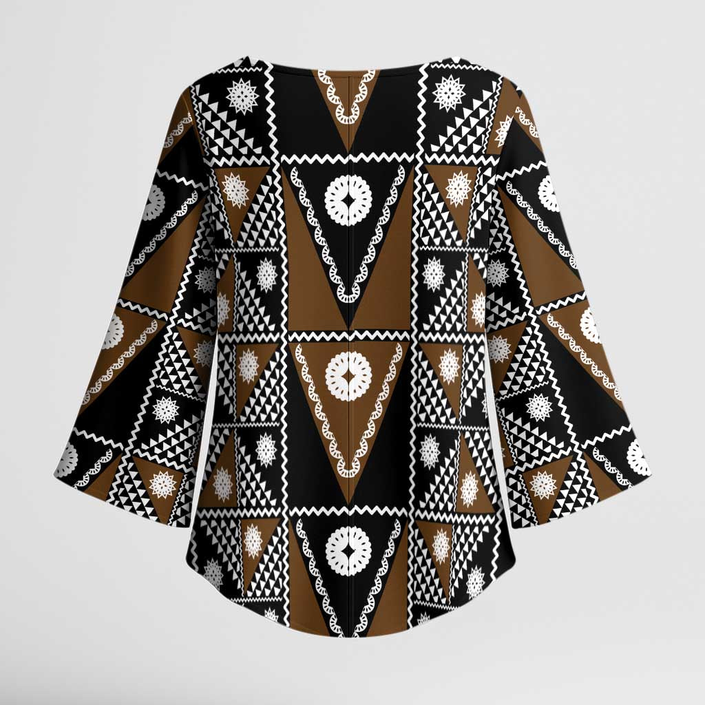 Fiji Brown Masi Pattern Kimono Sleeve Blouse Fijian Tapa LT01 - Polynesian Pride