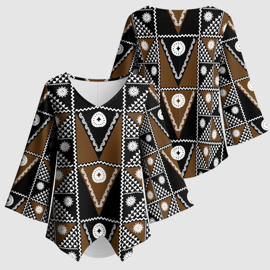 Fiji Brown Masi Pattern Kimono Sleeve Blouse Fijian Tapa LT01 - Polynesian Pride