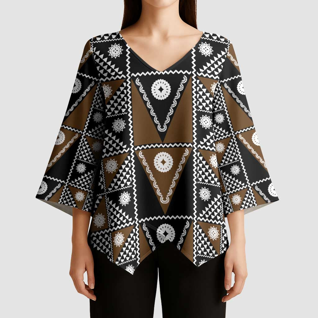 Fiji Brown Masi Pattern Kimono Sleeve Blouse Fijian Tapa LT01 - Polynesian Pride