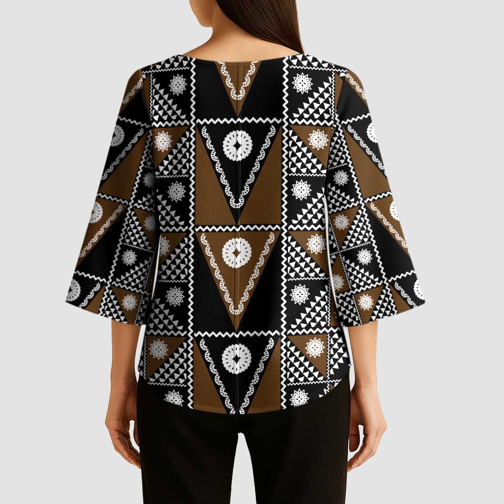 Fiji Brown Masi Pattern Kimono Sleeve Blouse Fijian Tapa LT01 - Polynesian Pride