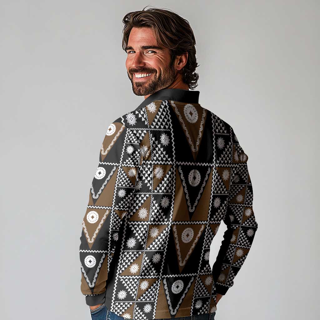 Fiji Brown Masi Pattern Long Sleeve Polo Shirt Fijian Tapa
