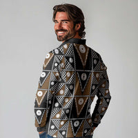 Fiji Brown Masi Pattern Long Sleeve Polo Shirt Fijian Tapa