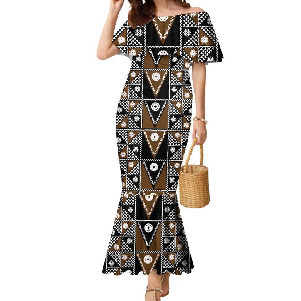 Fiji Brown Masi Pattern Mermaid Dress Fijian Tapa LT01 Women Brown - Polynesian Pride