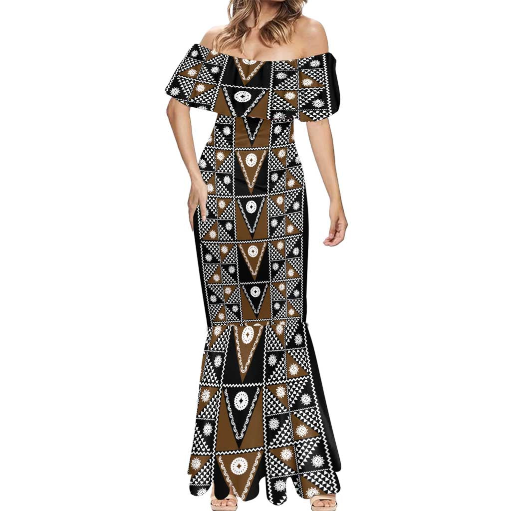 Fiji Brown Masi Pattern Mermaid Dress Fijian Tapa LT01 - Polynesian Pride