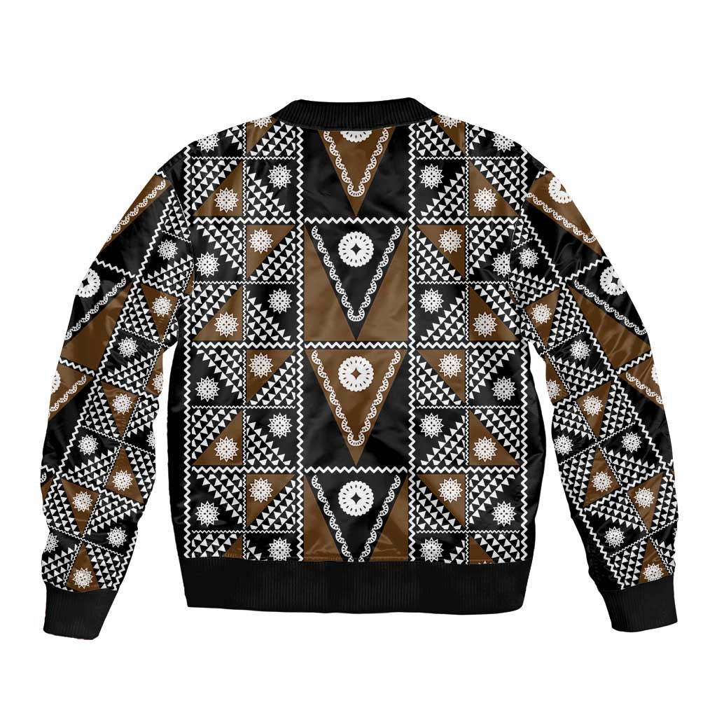 Fiji Brown Masi Pattern Sleeve Zip Bomber Jacket Fijian Tapa