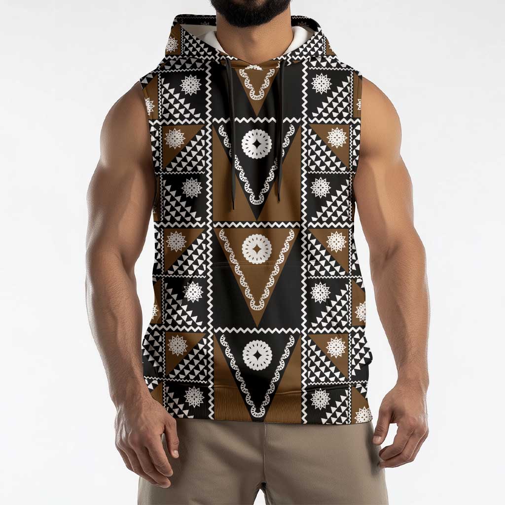 Fiji Brown Masi Pattern Sleeveless Hoodie Fijian Tapa