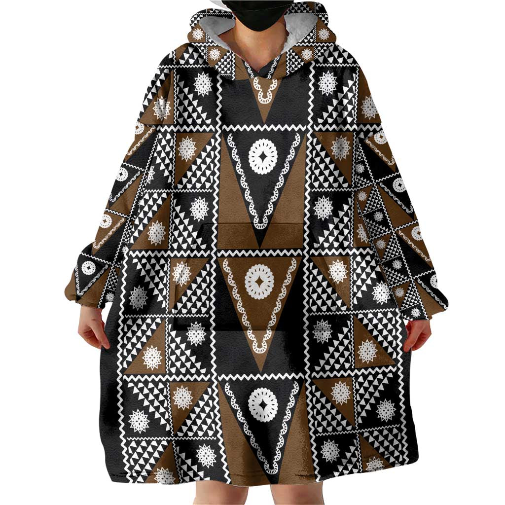 Fiji Brown Masi Pattern Wearable Blanket Hoodie Fijian Tapa