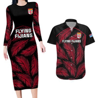 Fiji Rugby Couples Matching Long Sleeve Bodycon Dress and Hawaiian Shirt Flying Fijians Red Palm Tree Version LT01 Black - Polynesian Pride