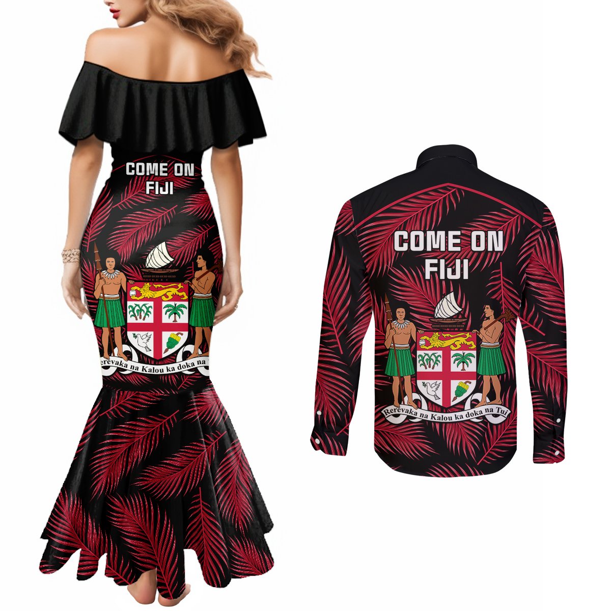 fiji-rugby-couples-matching-mermaid-dress-and-long-sleeve-button-shirts-flying-fijians-red-palm-tree-version