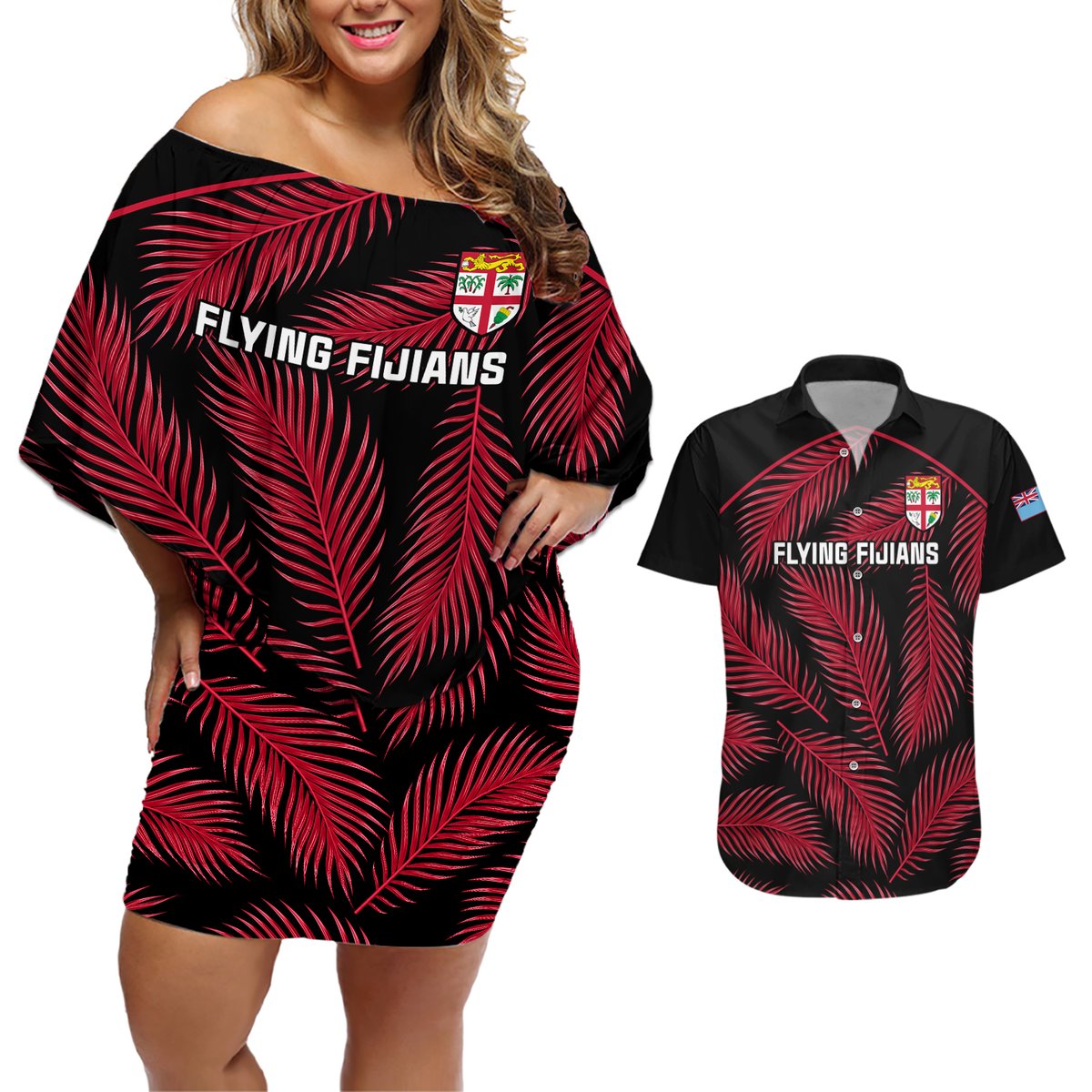 Fiji Rugby Couples Matching Off Shoulder Short Dress and Hawaiian Shirt Flying Fijians Red Palm Tree Version LT01 Black - Polynesian Pride
