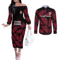 Fiji Rugby Couples Matching Off The Shoulder Long Sleeve Dress and Long Sleeve Button Shirts Flying Fijians Red Palm Tree Version LT01 Black - Polynesian Pride