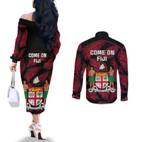 Fiji Rugby Couples Matching Off The Shoulder Long Sleeve Dress and Long Sleeve Button Shirts Flying Fijians Red Palm Tree Version LT01 - Polynesian Pride