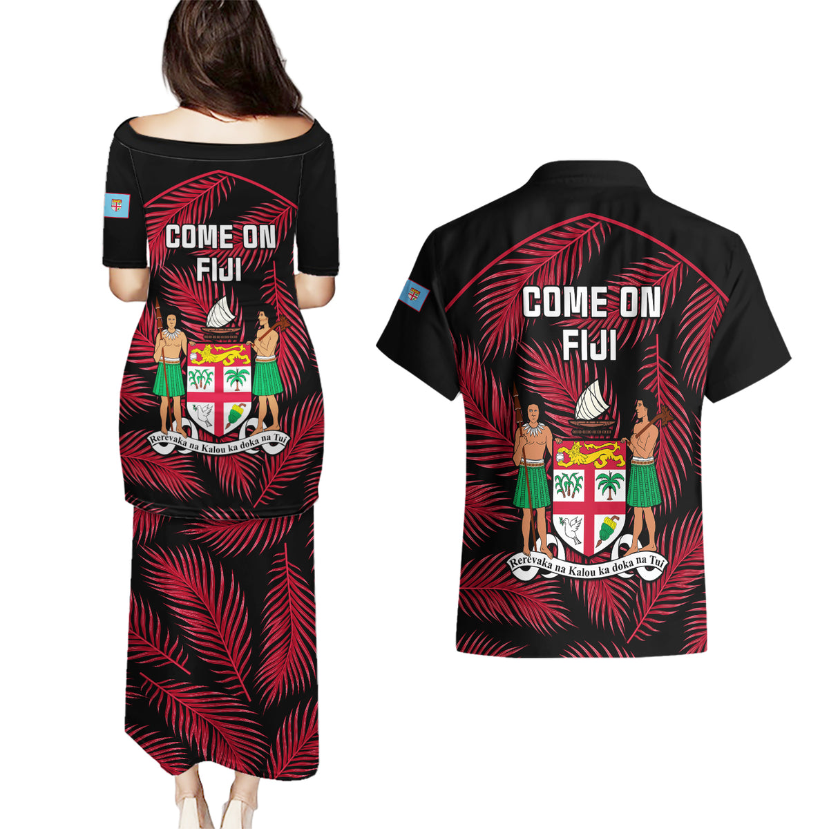 Fiji Rugby Couples Matching Puletasi Dress and Hawaiian Shirt Flying Fijians Red Palm Tree Version LT01 - Polynesian Pride