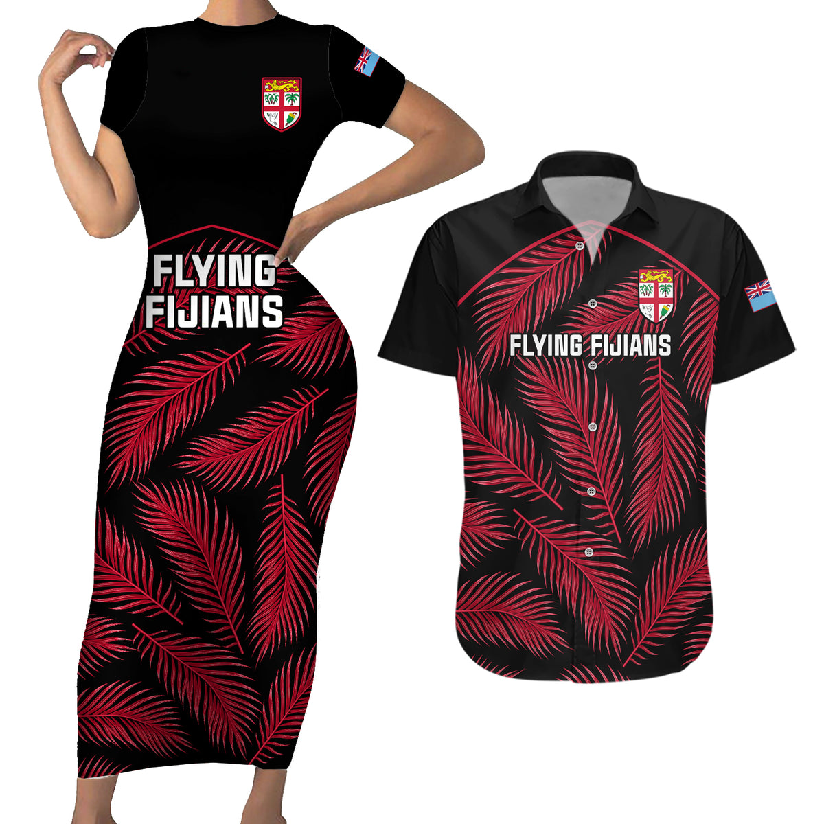 Fiji Rugby Couples Matching Short Sleeve Bodycon Dress and Hawaiian Shirt Flying Fijians Red Palm Tree Version LT01 Black - Polynesian Pride