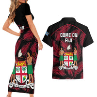 Fiji Rugby Couples Matching Short Sleeve Bodycon Dress and Hawaiian Shirt Flying Fijians Red Palm Tree Version LT01 - Polynesian Pride