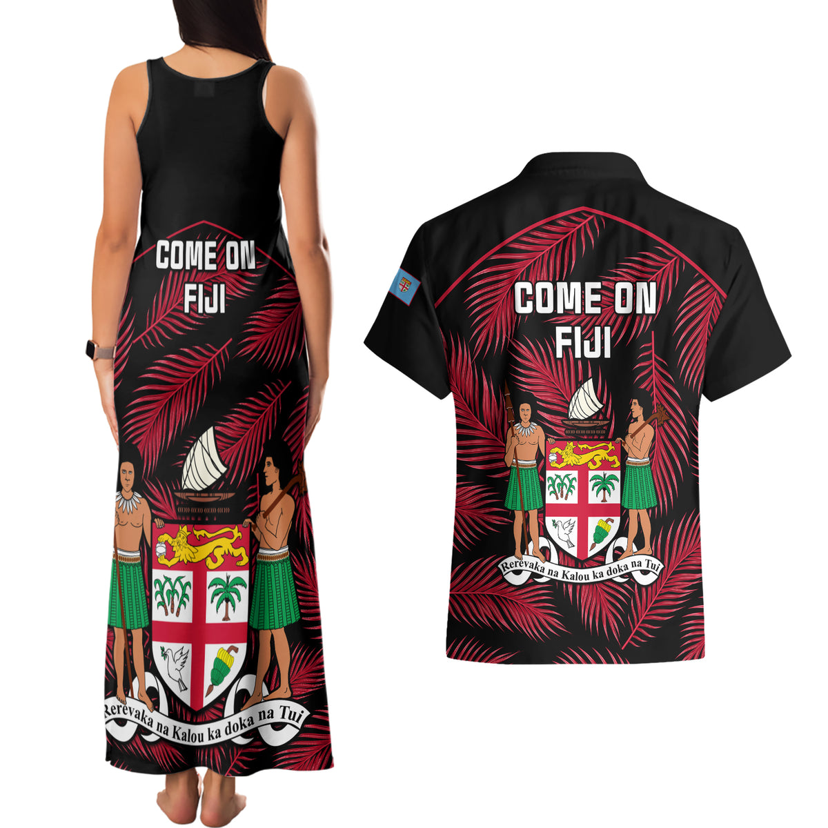 Fiji Rugby Couples Matching Tank Maxi Dress and Hawaiian Shirt Flying Fijians Red Palm Tree Version LT01 - Polynesian Pride