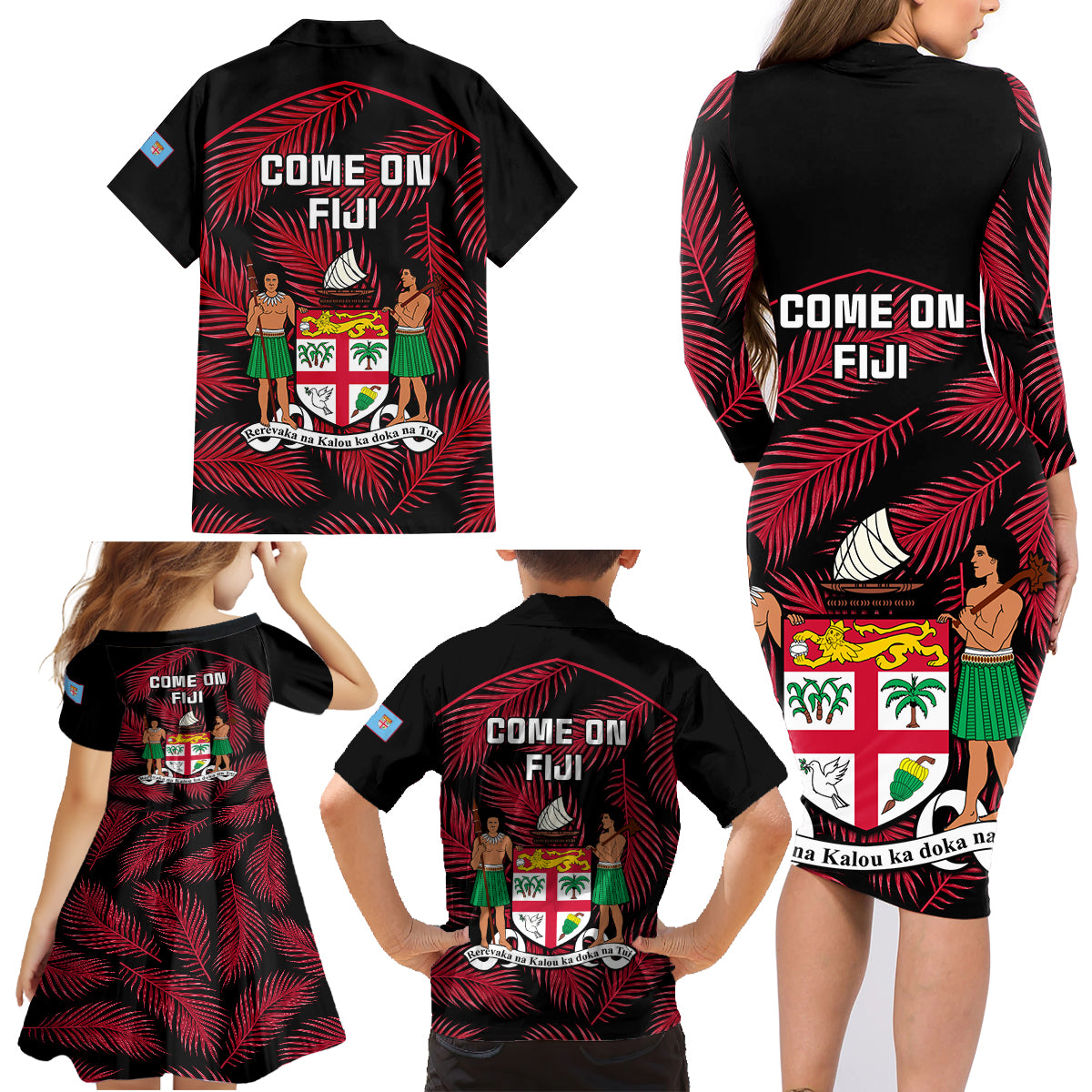 Fiji Rugby Family Matching Long Sleeve Bodycon Dress and Hawaiian Shirt Flying Fijians Red Palm Tree Version LT01 - Polynesian Pride