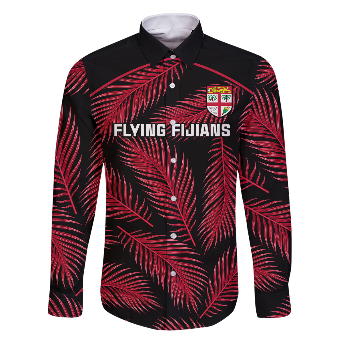Fiji Rugby Family Matching Long Sleeve Bodycon Dress and Hawaiian Shirt Flying Fijians Red Palm Tree Version LT01 Dad's Shirt - Long Sleeve Black - Polynesian Pride