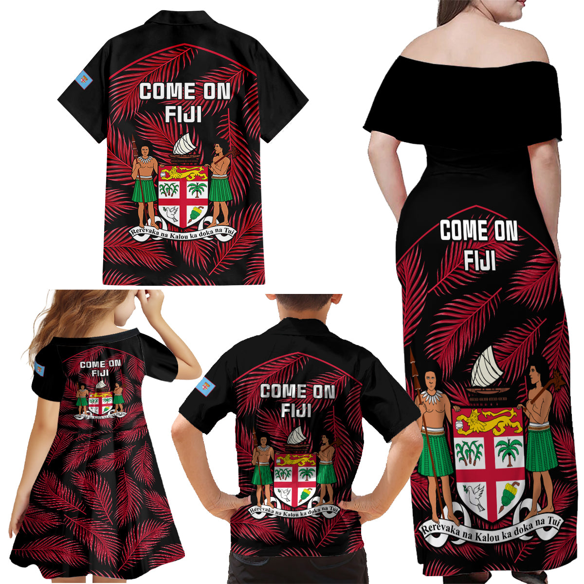 Fiji Rugby Family Matching Off Shoulder Maxi Dress and Hawaiian Shirt Flying Fijians Red Palm Tree Version LT01 - Polynesian Pride