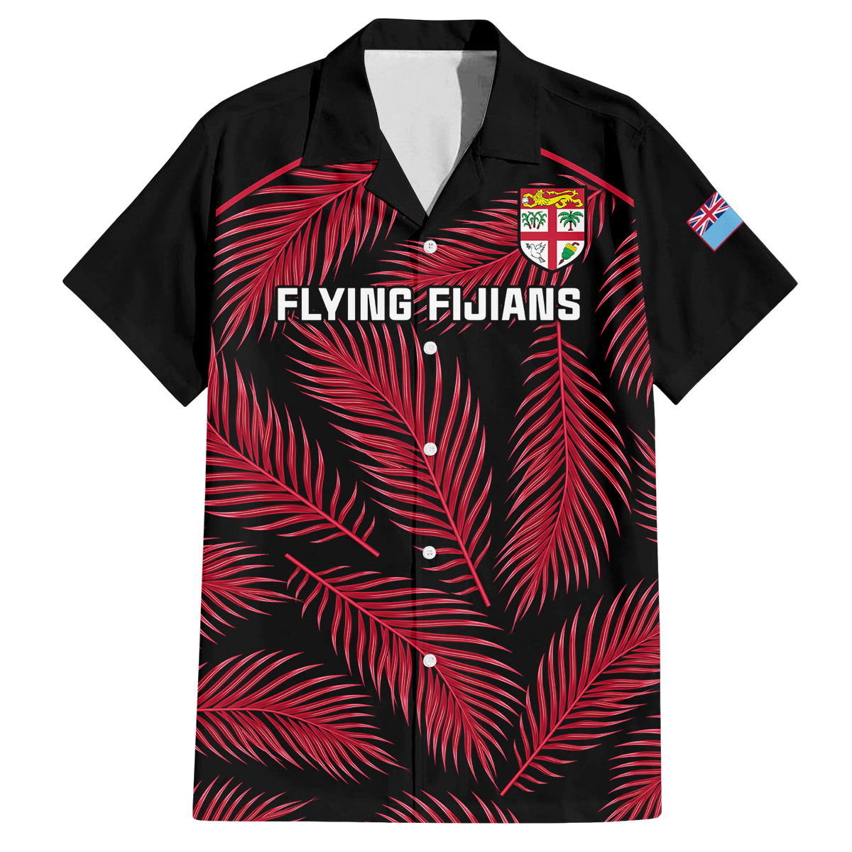 Fiji Rugby Family Matching Off Shoulder Maxi Dress and Hawaiian Shirt Flying Fijians Red Palm Tree Version LT01 Dad's Shirt - Short Sleeve Black - Polynesian Pride