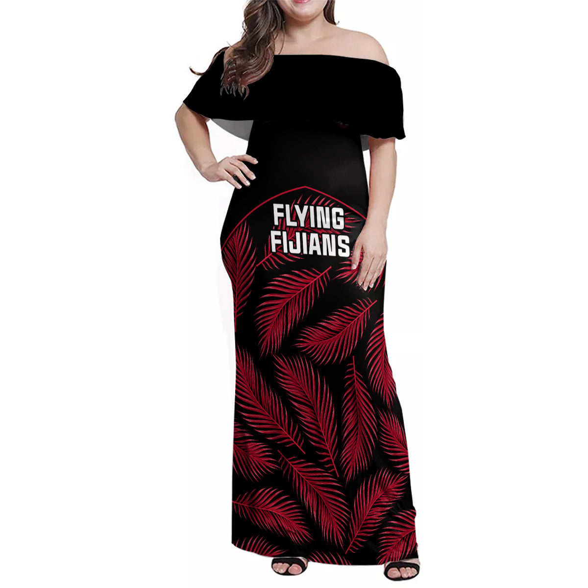 Fiji Rugby Family Matching Off Shoulder Maxi Dress and Hawaiian Shirt Flying Fijians Red Palm Tree Version LT01 Mom's Dress Black - Polynesian Pride