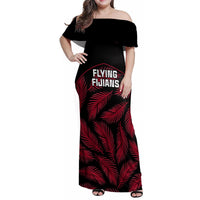 Fiji Rugby Family Matching Off Shoulder Maxi Dress and Hawaiian Shirt Flying Fijians Red Palm Tree Version LT01 Mom's Dress Black - Polynesian Pride