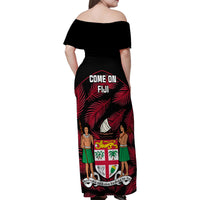 Fiji Rugby Family Matching Off Shoulder Maxi Dress and Hawaiian Shirt Flying Fijians Red Palm Tree Version LT01 - Polynesian Pride