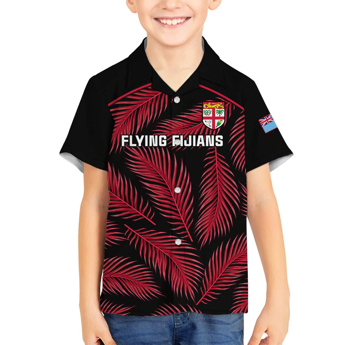 Fiji Rugby Family Matching Off Shoulder Maxi Dress and Hawaiian Shirt Flying Fijians Red Palm Tree Version LT01 Son's Shirt Black - Polynesian Pride
