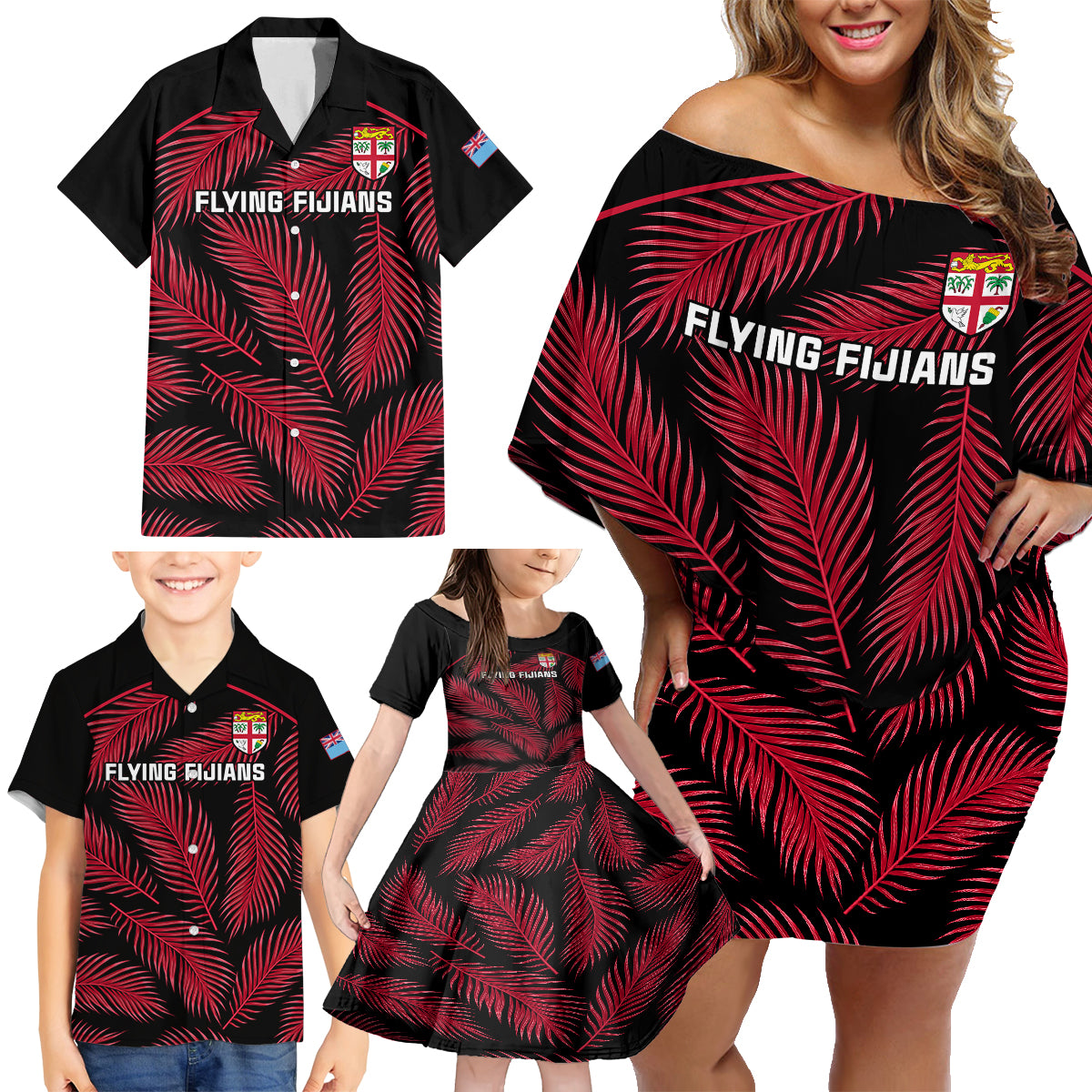 Fiji Rugby Family Matching Off Shoulder Short Dress and Hawaiian Shirt Flying Fijians Red Palm Tree Version LT01 - Polynesian Pride