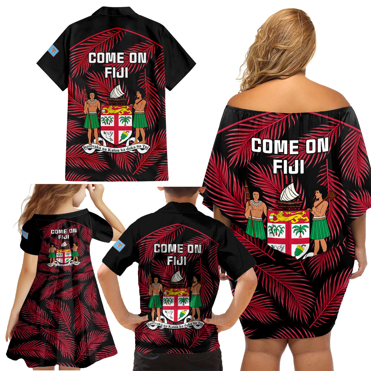 Fiji Rugby Family Matching Off Shoulder Short Dress and Hawaiian Shirt Flying Fijians Red Palm Tree Version LT01 - Polynesian Pride