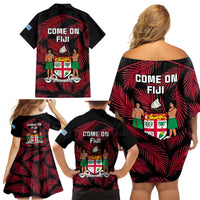 Fiji Rugby Family Matching Off Shoulder Short Dress and Hawaiian Shirt Flying Fijians Red Palm Tree Version LT01 - Polynesian Pride
