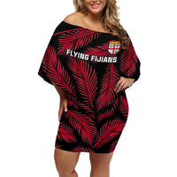 Fiji Rugby Family Matching Off Shoulder Short Dress and Hawaiian Shirt Flying Fijians Red Palm Tree Version LT01 Mom's Dress Black - Polynesian Pride