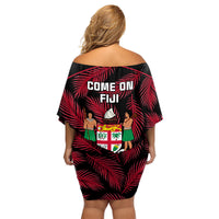 Fiji Rugby Family Matching Off Shoulder Short Dress and Hawaiian Shirt Flying Fijians Red Palm Tree Version LT01 - Polynesian Pride