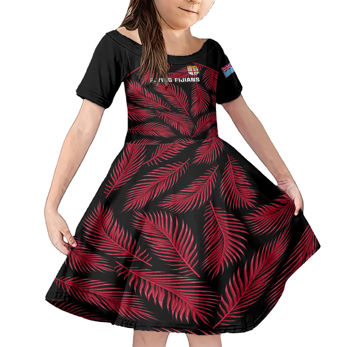 Fiji Rugby Family Matching Short Sleeve Bodycon Dress and Hawaiian Shirt Flying Fijians Red Palm Tree Version LT01 Daughter's Dress Black - Polynesian Pride