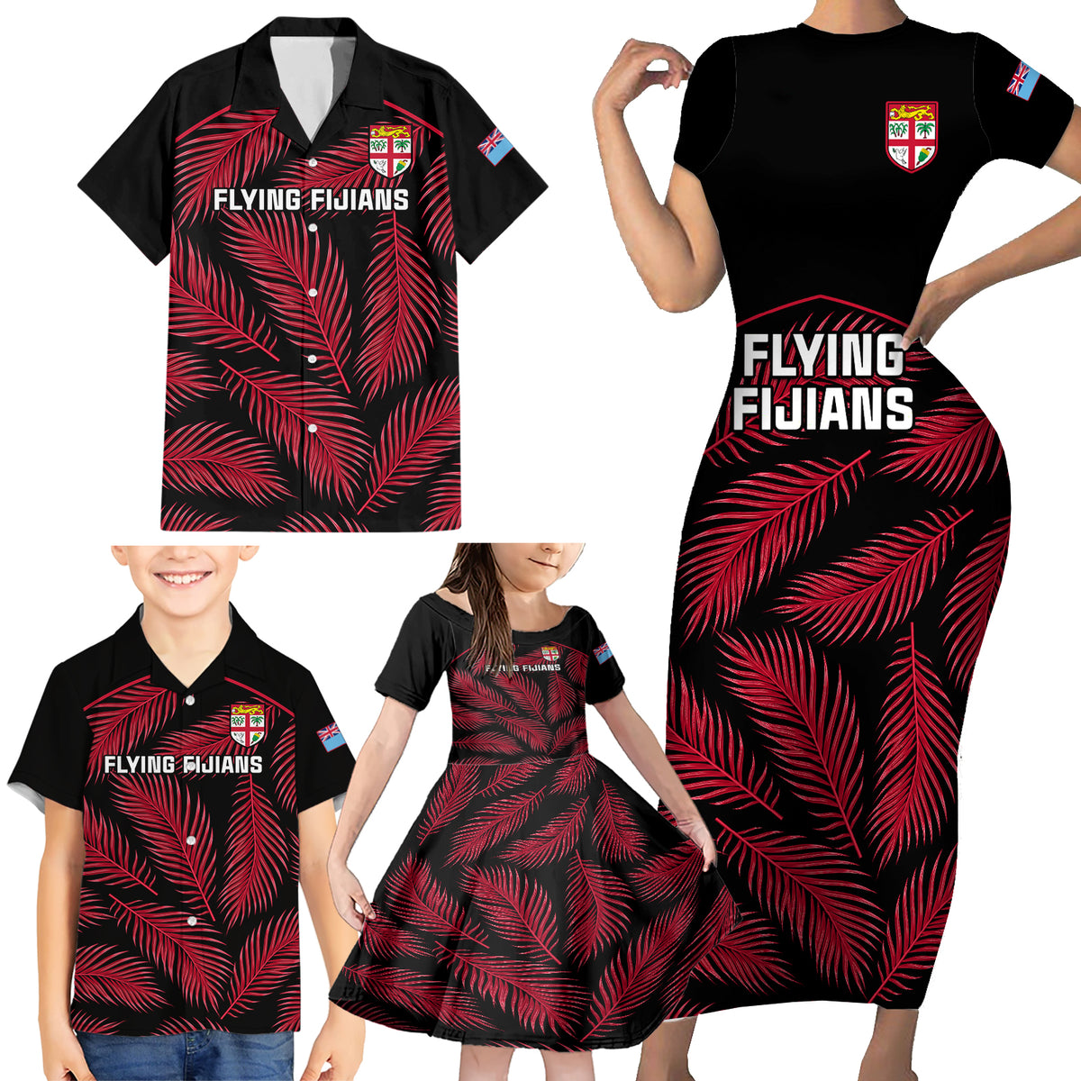 Fiji Rugby Family Matching Short Sleeve Bodycon Dress and Hawaiian Shirt Flying Fijians Red Palm Tree Version LT01 - Polynesian Pride